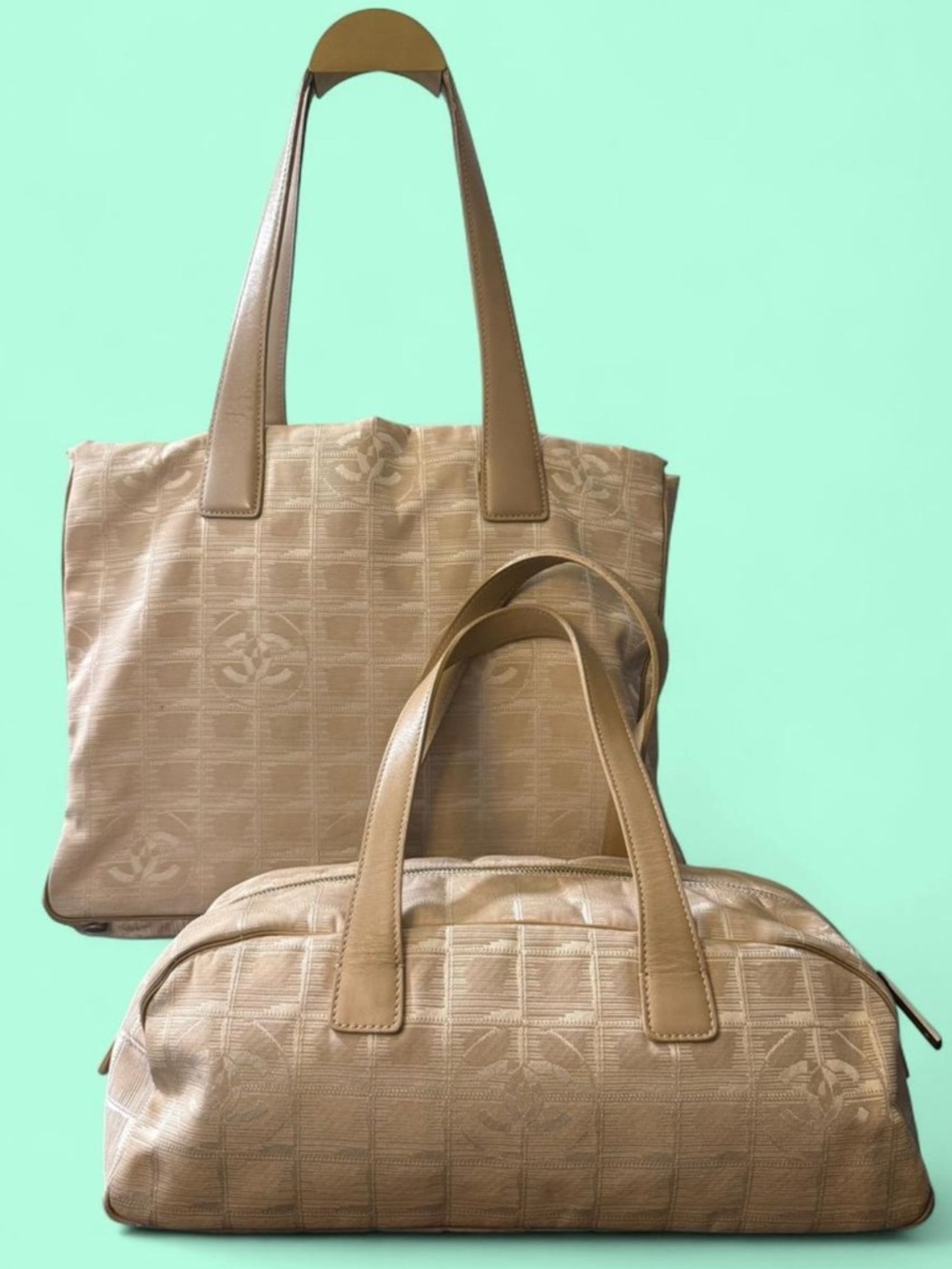 CHANEL Beige Jacquard Tote and Satchel Travel Line Set